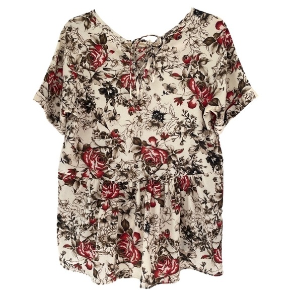 LARA Brown and Red Floral Tie Back Peplum Top, M - Picture 2 of 9